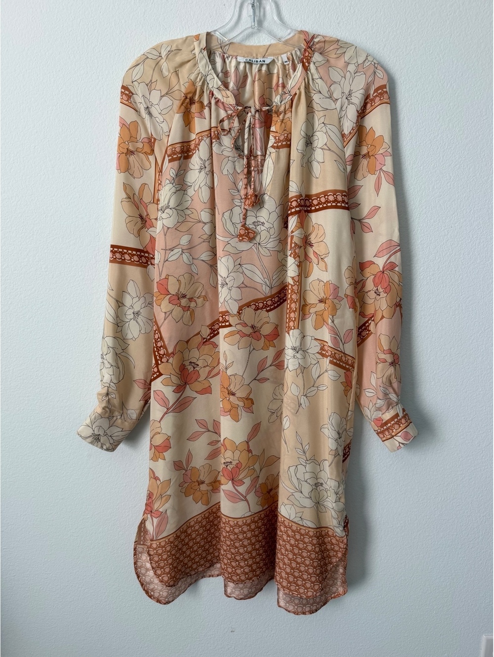 CALIBAN 100% Silk Long Sleeve Tie Neck Floral Semi-Sheer Tunic Dress Size 44 (8)